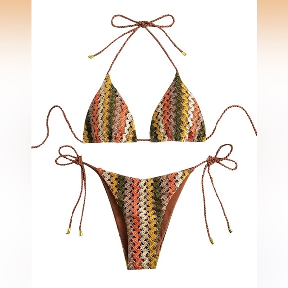 Zaful Other - ZAFUL Women's Stripes Triangle Halter Tied Cheeky Thong Bikini Set Coffee M/0223